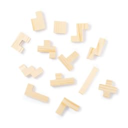 A collection of wooden puzzle pieces in various shapes, featuring a natural wood colour. Some pieces have different grain patterns.