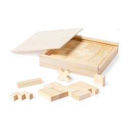 A wooden puzzle set featuring various shaped pieces displayed around a rectangular box with a lid.