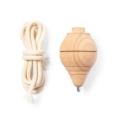 A wooden spinning top and a length of cream-coloured string, both presented on a white background.
