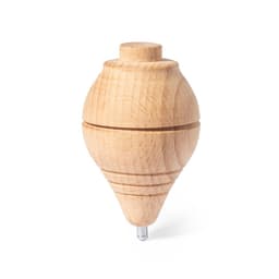 A wooden spinning top with a smooth finish and a rounded shape, featuring a metal tip.