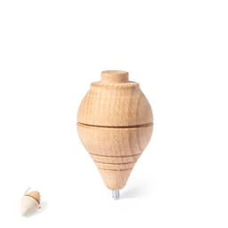 A wooden spinning top in a natural finish with a small, white spinning top beside it.