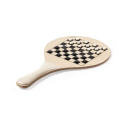 A wooden paddle with a black and white checkerboard pattern, featuring black and white pieces. It has a handle for grip.