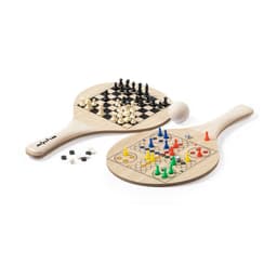 Two wooden beach rackets featuring a chessboard and a board game layout, with various pieces in red, yellow, blue, black, and white.