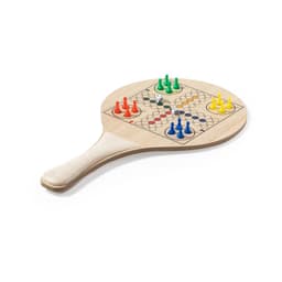 A wooden paddle game featuring coloured plastic pieces in green, red, blue, and yellow. The paddle has a smooth handle.