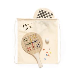 Wooden beach rackets in a canvas bag, featuring a checkered pattern and a board game design, with a ball and game pieces.