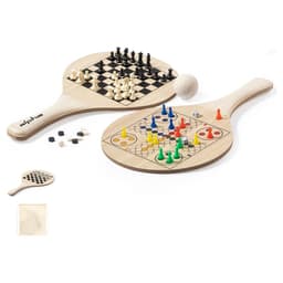 Beach rackets made of wood, featuring a chessboard on one side and a colourful board game on the other, with a ball included.