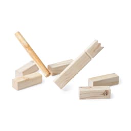 A set of wooden blocks in various shapes, including a cylindrical piece and rectangular blocks, all in a light wood colour.