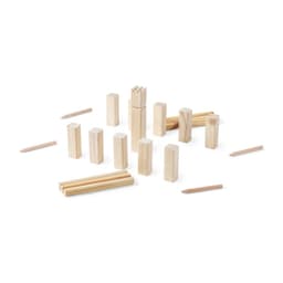 A collection of wooden blocks in various shapes and sizes, arranged on a surface, with some wooden sticks nearby.