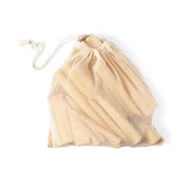 A beige mesh bag containing wooden game pieces, tied at the top with a drawstring.