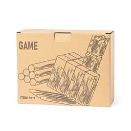 A cardboard box containing game pieces, including wooden blocks and sticks, in natural wood tones. The box has a logo.