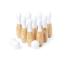 A set of ten wooden bowling pins with white tops and two white balls, ideal for fun and games.