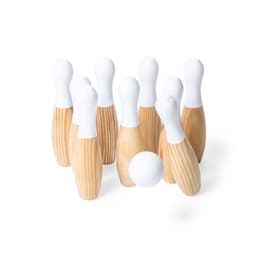 A set of ten wooden bowling pins with white tops and a white bowling ball in front on a white background.