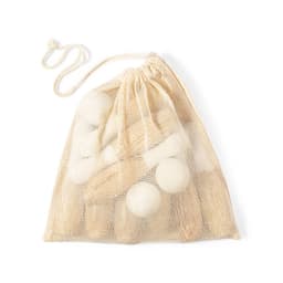 A cream-coloured mesh bag filled with several white balls, tied with a drawstring.