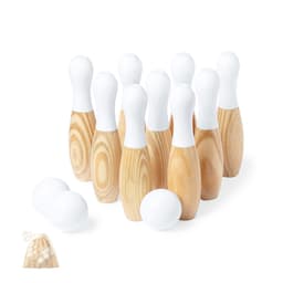 A set of wooden bowling pins with white tops, accompanied by two white balls, all laid out beside a drawstring bag.