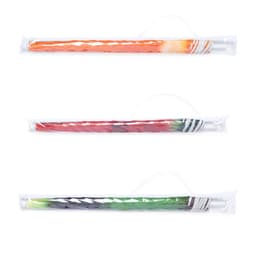 Three beach umbrellas in vibrant colours: orange, red, and green, packaged individually. Each umbrella features a logo.