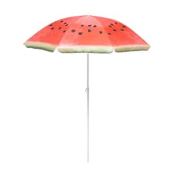 A vibrant watermelon-patterned beach umbrella with a white pole, perfect for leisure and outdoor settings.
