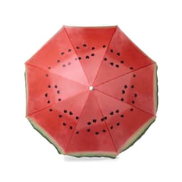 A beach umbrella featuring a vibrant watermelon design with shades of red and green, complete with a logo.