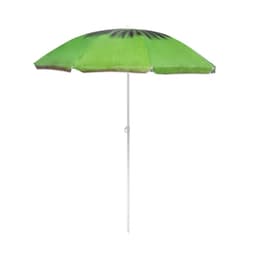 A green beach umbrella with a black pattern at the top and a silver pole, featuring a logo.