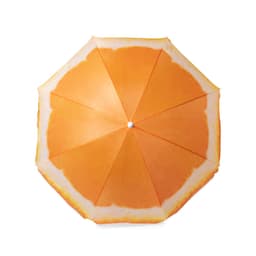 An orange beach umbrella with a design resembling a slice of orange. It features a central white button and multiple panels.