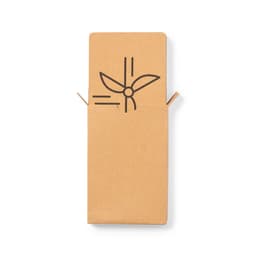 A cardboard packaging with a minimalist design featuring a simple line illustration of a propeller.