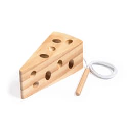 A wooden cheese-shaped toy with holes and a threaded stick for play. Natural wood finish with a light tone.