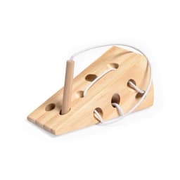 A wooden toy shaped like a cheese wedge with holes and a threaded rod, featuring a white string.