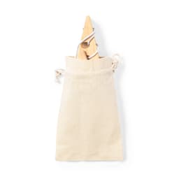 A wooden game piece is inside a plain beige fabric pouch. The pouch has a drawstring closure.