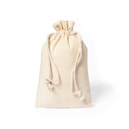 A natural canvas drawstring bag in cream colour, featuring a cinched top with rope closures.
