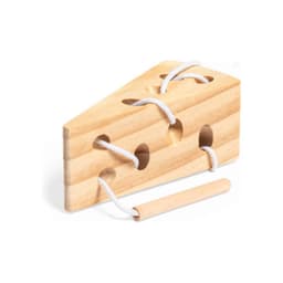 A wooden cheese-shaped toy with holes and strings for lacing, featuring a natural wood finish.