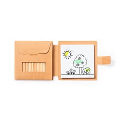 A gift set featuring coloured pencils in a tan folder, accompanied by a drawing pad with illustrations of a tree and sun.