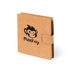 A brown gift set with a monkey design on the cover and a securing strap. Features a logo.