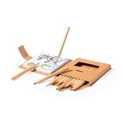 A gift set featuring coloured pencils in various shades, alongside a notepad for drawing and a wooden pencil.
