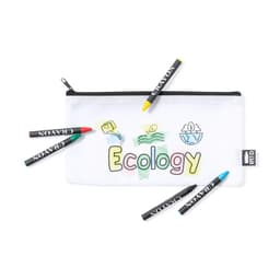 A white pencil case with a black zipper, surrounded by colourful crayons in blue, red, yellow, and green.