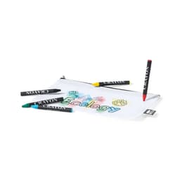 A pencil case featuring a white exterior with colourful crayon markers in green, blue, yellow, and black.