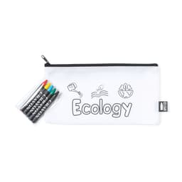A white pencil case with a black zipper, featuring graphic designs and six coloured markers in front.