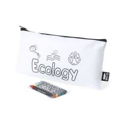 A white pencil case featuring an ecology theme, accompanied by non-toxic coloured pencils. It has a branding logo.
