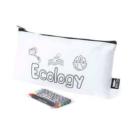 A white pencil case with eco-themed illustrations and a pack of non-toxic coloured pencils. It features a logo.