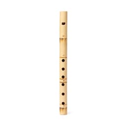 A bamboo flute with multiple finger holes, featuring a natural wood colour and a simple design.