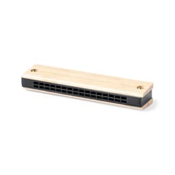 A harmonica with a wooden body and black ends, featuring multiple holes for sound production.