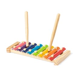 A wooden xylophone with eight brightly coloured metal bars and two wooden mallets.