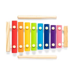 A colourful xylophone with eight brightly coloured bars and two wooden mallets. Features a mix of vibrant hues.