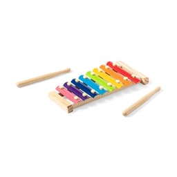 A wooden xylophone featuring vibrant coloured bars and two mallets for playing.