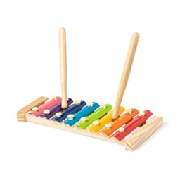 A wooden xylophone with vibrant coloured bars and two mallets, set on a wooden base.