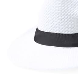 A white hat with a black band, featuring a textured design and a wide brim. It has a logo on the side.