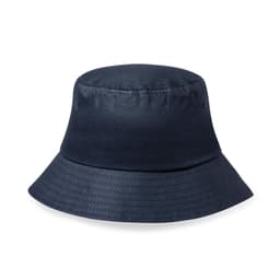 A navy blue bucket hat with a wide brim and a smooth finish, featuring a logo.