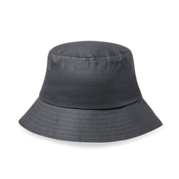 A black bucket hat with a wide brim and a smooth fabric finish. It features ventilation holes and a subtle logo.
