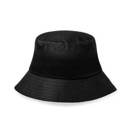 A black bucket hat with a wide brim and a smooth texture, featuring small ventilation eyelets.