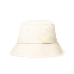 A cream bucket hat featuring a branded tag, designed with a wide brim for sun protection.