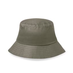 A bucket hat in olive green, featuring a simple design and a discreet logo on the side.
