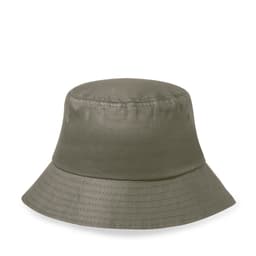 A bucket hat in olive green with a wide brim and a smooth texture, featuring a logo.